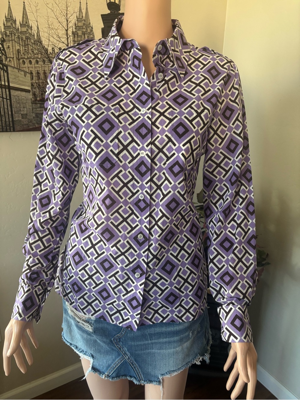 Tory Burch Purple and White Geometric Button-Down Shirt